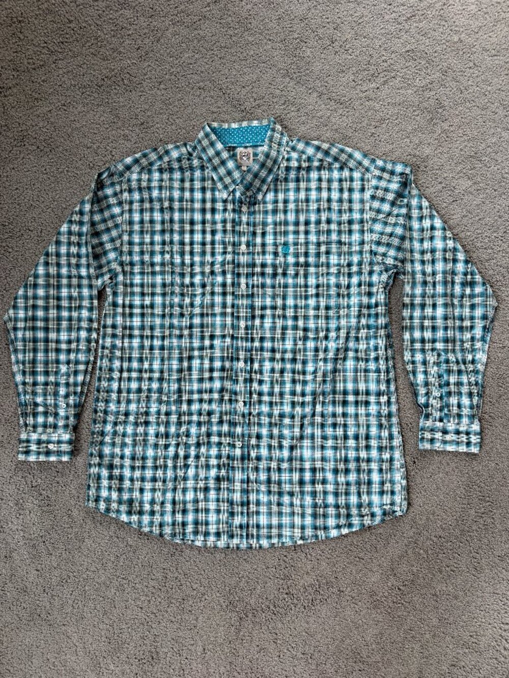 Cinch Mens Plaid Western Button Down Shirt Size XL Teal Turquoise Blue - EUC